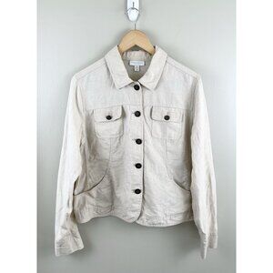 Charter Club‎ Womens Petite Lg Jacket 100% Linen Beige Button Front Lightweight